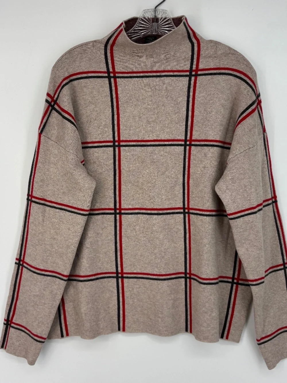 Tahari Womens Large Pullover Sweater Oatmeal Red Gray Check Funnel Neck Long Slv